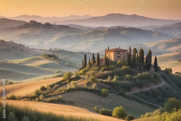 Fototapeta Scenic tuscan landscape with a beautiful villa, rolling hills, and cypress trees in warm sunlight