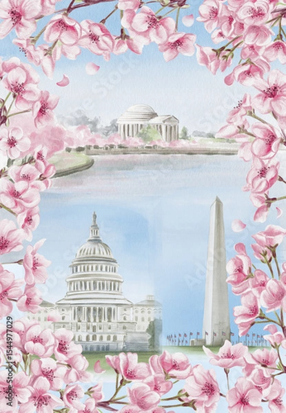 Obraz National Cherry Blossom Festival in Washington D.C. Postcard with cherry blossoms and landmarks of the US capital. Watercolor illustration. Sketch. Hand drawing.