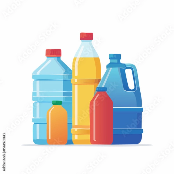 Fototapeta Assortment of Liquid Containers: A vibrant display of varied plastic containers, filled with colorful liquids, showcases their role in modern convenience and product packaging.