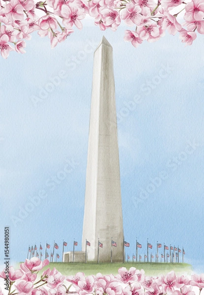 Obraz Washington Monument in Washington, D.C. National Cherry Blossom Festival. Frame with pink flowers. Watercolor illustration, hand drawing. Sketch. Template for a postcard or souvenir.
