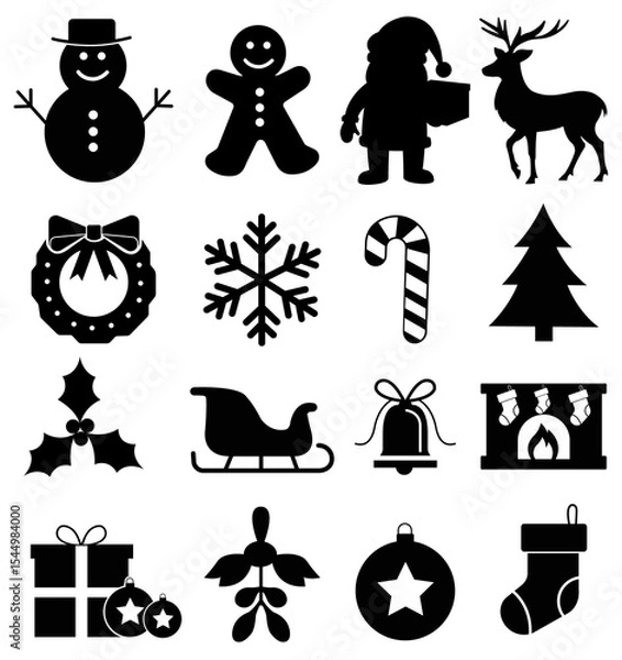 Fototapeta A collection of black silhouette christmas icons isolated on transparent background. Vector illustration.