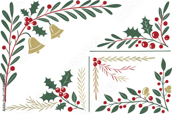 Fototapeta Christmas border design collection with festive seasonal elements. Elegant Christmas border set featuring snowflakes garlands and bells. Decorative Christmas border illustrations with holiday themed