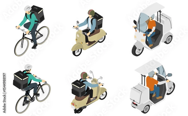 Fototapeta アイソメトリックイラスト：デリバリーする人セット