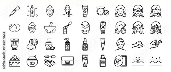 Fototapeta Skincare Routine Icons Black Line Art Collection of Facial Treatments