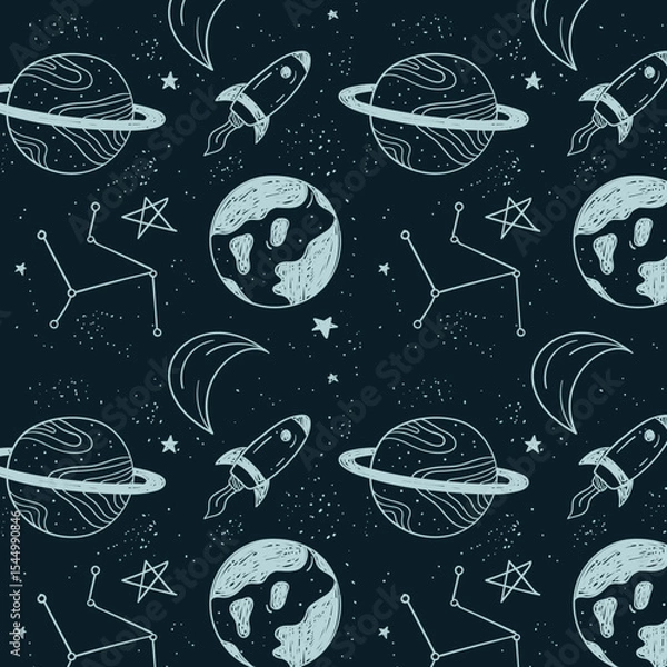 Fototapeta Vector space seamless pattern with planets, spaceships, galaxy and stars. Bright repeated texture with cosmic elements. Cute childish design for kids fabric and wrapping paper.
