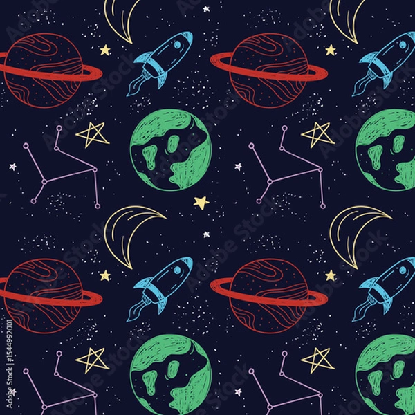 Fototapeta Vector space seamless pattern with planets, spaceships, galaxy and stars. Bright repeated texture with cosmic elements. Cute childish design for kids fabric and wrapping paper.
