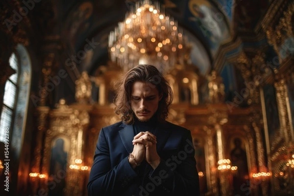 Fototapeta Man in dark suit praying in a church with ornate golden decorations and soft lighting during evening service