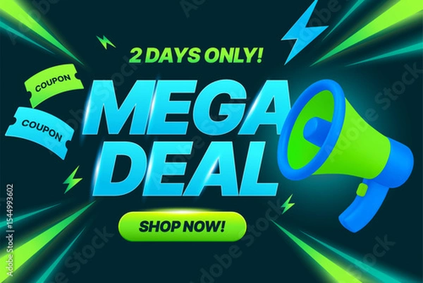 Fototapeta 3d mega deal sale banner template with megaphone and flying coupons, isolated on background with lightning effect. Mega sale banner in 3d vector. Vector illustration