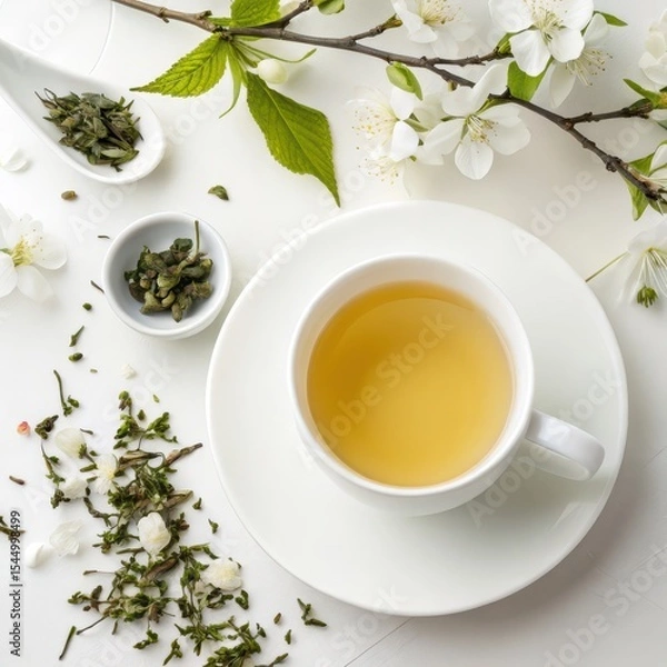 Obraz Elegant scene of a cup of jasmine green tea with dried leaves and fresh white blossoms, arranged on a white surface.