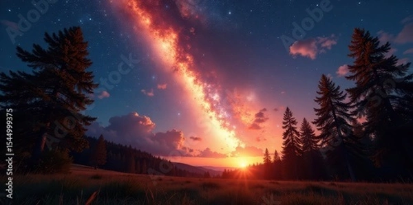 Fototapeta Brilliant fireball streaks past towering trees, illuminating a breathtaking star-filled sky , trees, astronomy, fire