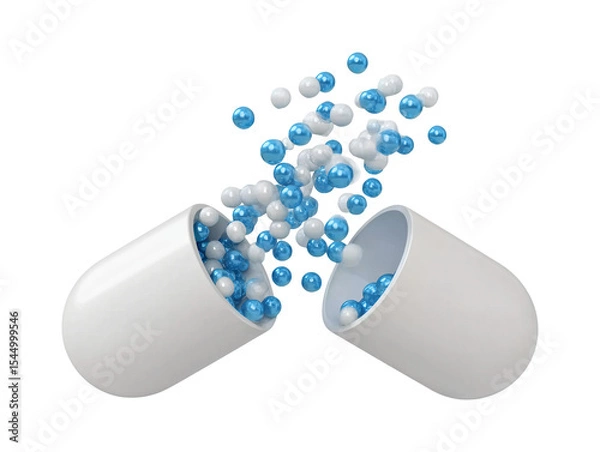 Fototapeta Flying falling open capsule with blue and white granules isolated on transparent or white background, png