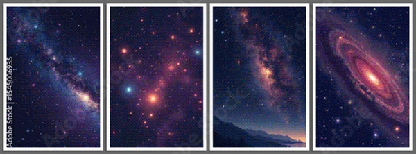 Obraz Set of pixelated posters with futuristic deep space scene in pixel art style with dithering effect. Retro space background for vintage cover, flyer, magazine or banner. Vector 8-bit illustration