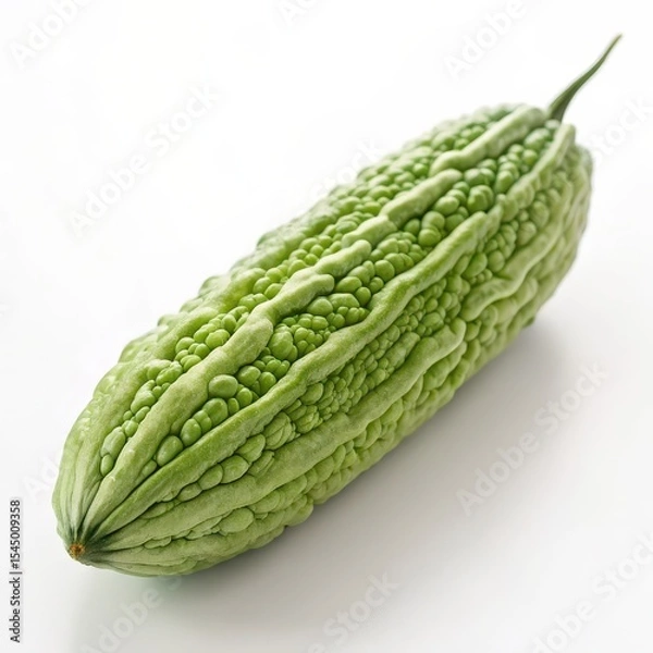 Obraz Close-up of a single green bitter melon with textured skin, isolated on white background, ideal for health and food themes.