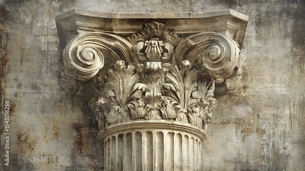 Fototapeta Detailed Corinthian Capital Stone Column with Weathered Texture and Ancient Carvings