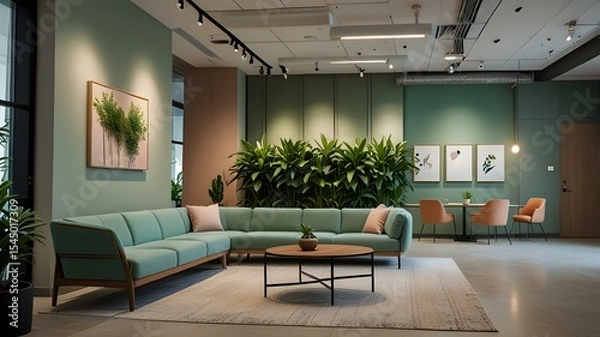 Fototapeta there is a couch and a table in a room with green walls