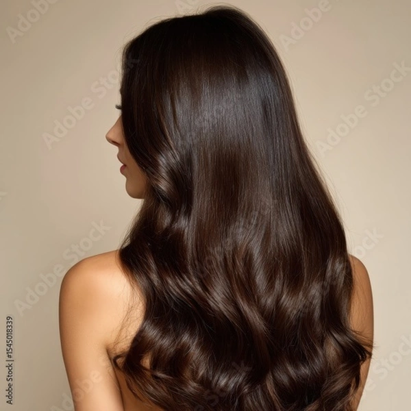 Fototapeta Back view of a woman with long, shiny, wavy, dark brown hair styled with loose waves, creating volume and movement