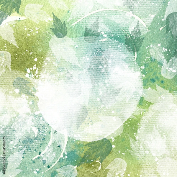 Fototapeta Green texture with a pattern of leaves, branches, watercolor print. Ecological green design frame, bio print, organic concept. Botanical summer invitation and postcard design frame.