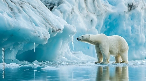 Fototapeta Polar Bear Walking on Ice Floe in Arctic Waters with Blue Ice Background with Reflections