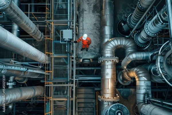 Fototapeta Vibrant Color Image of Top View of Refinery Worker Checking Gasoline Supply in Plant