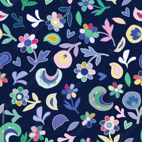 Fototapeta Abstract nature contemporary seamless pattern. Hand drawn flower and leaf shape textures. Repeatable vibrant boho prints. Vector illustration. 