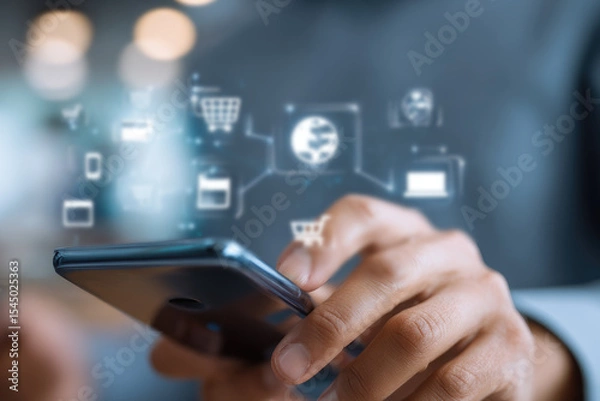 Fototapeta Digital online payment concept. Business people using mobile smart phone, online payment, banking, online shopping. Technology online banking applications via internet network. financial transaction