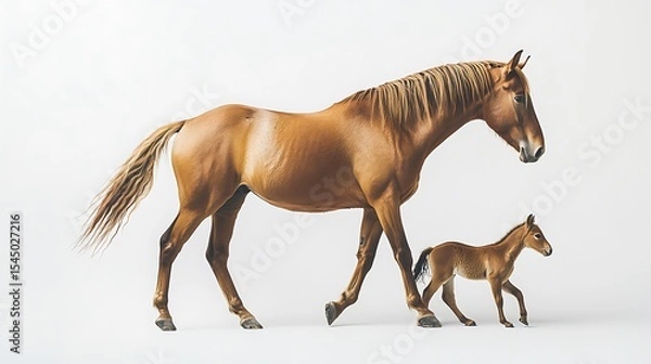 Fototapeta Chestnut Horse and Foal Walking Gracefully in a Studio Setting on White Background