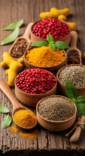 Fototapeta Wooden bowls filled with various spices: turmeric, red peppercorns, rosemary, and others.  Showcase of vibrant colors and textures, representing culinary diversity and healthy eating