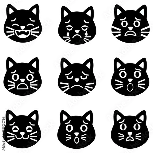 Obraz Cute Black Cat Emotional Faces Vector Icon Set - Expressive Feline Emojis