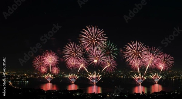 Fototapeta Vibrant fireworks display over a cityscape at night, reflecting on calm water