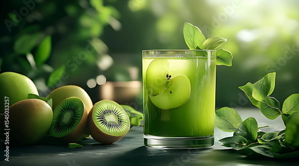 Fototapeta A glass of green juice with apple and kiwi fress