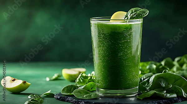 Fototapeta A glass of green juice with apple and kiwi fress