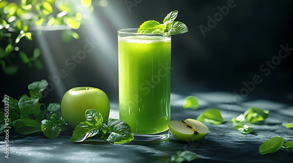 Fototapeta A glass of green juice with apple and kiwi fress