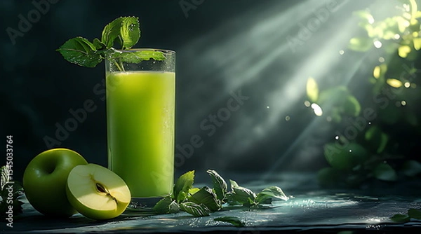 Fototapeta A glass of green juice with apple and kiwi fress
