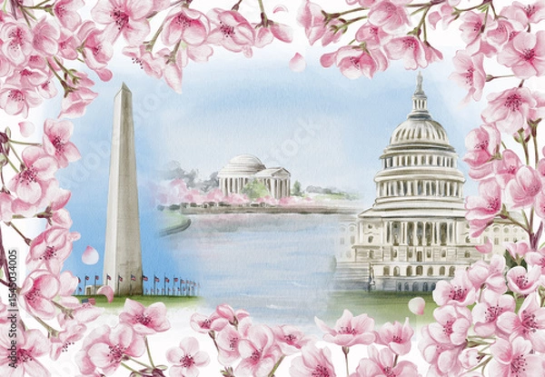 Obraz National Cherry Blossom Festival in Washington D.C. Postcard with cherry blossoms and landmarks of the US capital. Watercolor illustration. Sketch. Hand drawing.