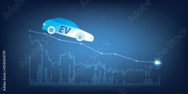 Fototapeta Illustration showing an electric vehicle on a downward financial graph, symbolizing market dynamics or challenges within the EV industry and related financial trends.