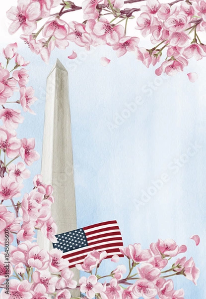 Obraz Washington Monument in Washington, D.C. National Cherry Blossom Festival. Frame with pink flowers. Watercolor illustration, hand drawing. Sketch. Template for a postcard or souvenir.