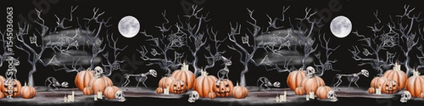 Obraz  Seamless border with cat skeletons and scary forest. Halloween decor. Pumpkins and skulls. Candles are burning. Full moon. Dark scenes. Watercolor illustration. Hand drawing.