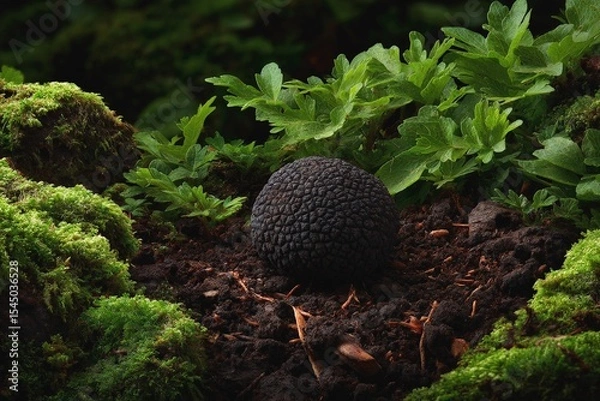 Fototapeta Black truffle emerges from the forest floor among lush green plants, showcasing nature's hidden treasures in a serene woodland setting