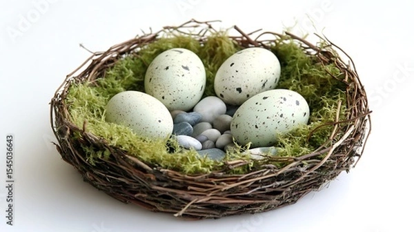 Fototapeta Rustic Bird Nest with Speckled Eggs Green Moss and Small Stones on White Background
