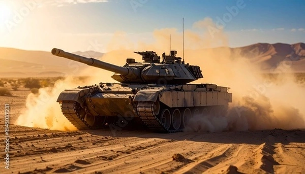 Obraz Modern combat tank driving across dusty desert terrain during military operation with dynamic motion