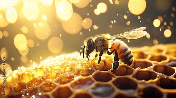 Fototapeta Side View Bee on Golden Honeycomb with Bokeh Light Background and Pixelated Image