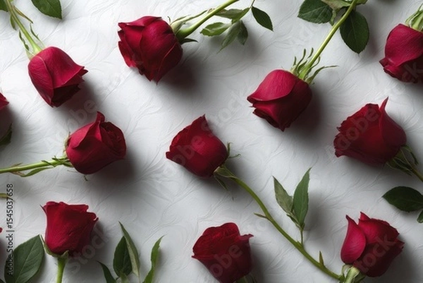 Fototapeta Several red roses scattered on a white textured surface arranged artistically for decoration or celebration