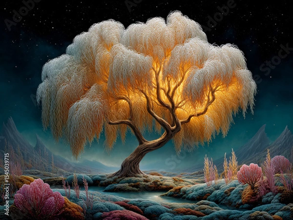 Fototapeta surreal, fantastical scene featuring a tree with branches that resemble swirling clouds or feathers, set against a starry night sky. The ground is covered with an array of colorful, intricately detail