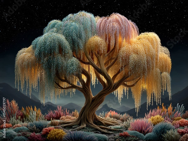 Fototapeta surreal, fantastical scene featuring a tree with branches that resemble swirling clouds or feathers, set against a starry night sky. The ground is covered with an array of colorful, intricately detail