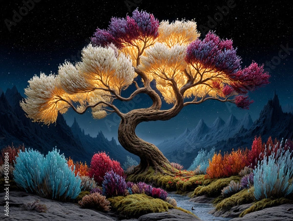 Fototapeta surreal, fantastical scene featuring a tree with branches that resemble swirling clouds or feathers, set against a starry night sky. The ground is covered with an array of colorful, intricately detail