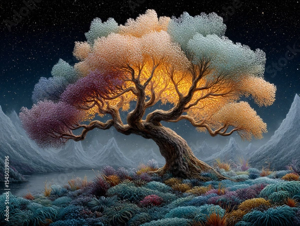 Fototapeta surreal, fantastical scene featuring a tree with branches that resemble swirling clouds or feathers, set against a starry night sky. The ground is covered with an array of colorful, intricately detail