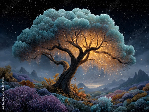 Fototapeta surreal, fantastical scene featuring a tree with branches that resemble swirling clouds or feathers, set against a starry night sky. The ground is covered with an array of colorful, intricately detail