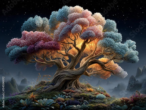 Fototapeta surreal, fantastical scene featuring a tree with branches that resemble swirling clouds or feathers, set against a starry night sky. The ground is covered with an array of colorful, intricately detail