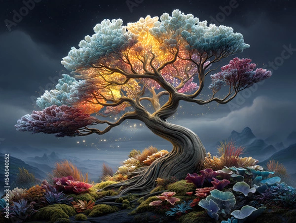 Fototapeta surreal, fantastical scene featuring a tree with branches that resemble swirling clouds or feathers, set against a starry night sky. The ground is covered with an array of colorful, intricately detail