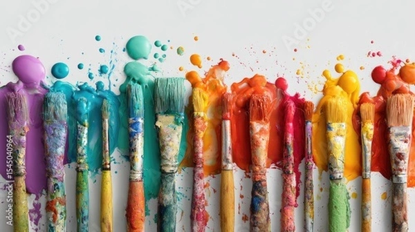 Fototapeta Colorful Paint Brushes and Splashes on White Background, Generative Ai
